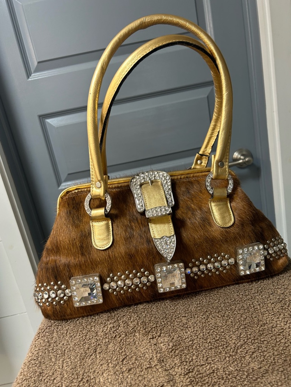 RAVIANI Genuine hair on hide  crystal embellished double handle  satchel. NICE